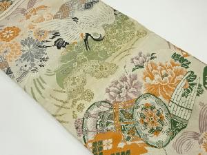 アンティーク　鶴に牡丹・古楽器模様織り出し丸帯（材料）